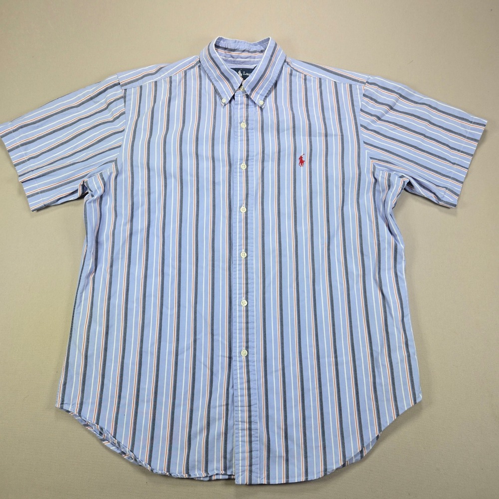 Ralph Lauren Light Blue & White Vertical Stripe Short Sleeve Button-Down